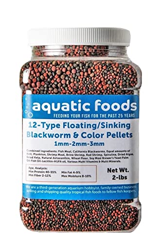 12-Type Float/Sink Blackworm&Intense Color 1,2,3mm Pellets... 2-lb Md Jar | Floating & Sinking, Blackworm & Intense Coloring, 1mm, 2mm, 3mm, For Discus, Cichlids, All Tropicals, Koi and Pond Fish - size: 2 Pound (Pack of 1)
