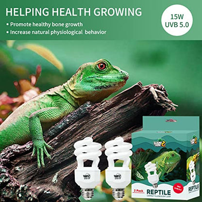 LUCKY HERP 2 Pack UVA UVB Reptile Light, 15W 5.0 UVB Bulb for Tropical and Sub Tropical Reptiles, Compact Fluorescent Terrarium Lamp, Reptile UVB Bulb for Chameleons, Lizard, Turtle - size: 15&5.0