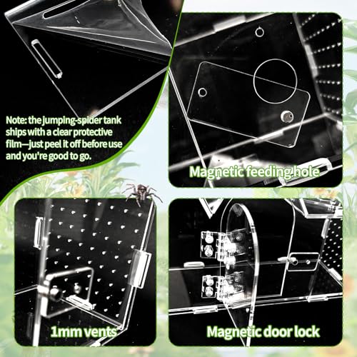 Jumping Spider Enclosure, 9.5" x 3.9" x 6.7" Acrylic with Magnetic Door Transparent Enclosure for Reptile Tarantula Jumping Spider Gecko Amphibians Chameleon