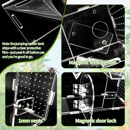 Jumping Spider Enclosure, 9.5" x 3.9" x 6.7" Acrylic with Magnetic Door Transparent Enclosure for Reptile Tarantula Jumping Spider Gecko Amphibians Chameleon