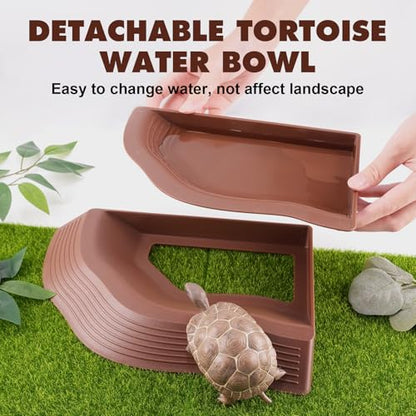 Tortoise Water Dish with Ramp, 3-Piece Tortoise Food & Water Bowls with Leaf Food Dish for Small Reptiles like Bearded Dragon, Gecko & Lizard