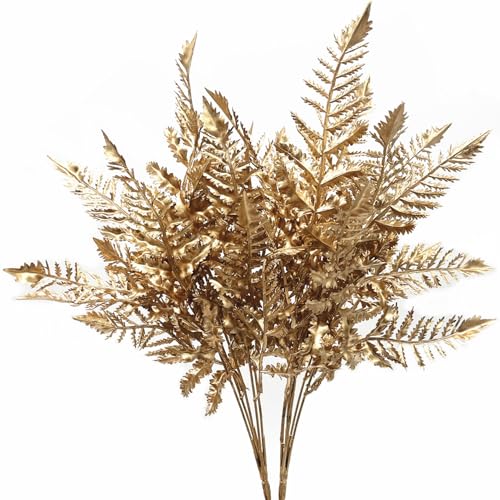 PASYOU Artificial Plants, Golden Fake Flowers Decoration for Christmas Plastic Boston Grass Faux DIY Crafts Indoor Outdoor Home Décor Garden Party Room Bedroom Wedding Table Centerpiece, Gold 2 Pack - color: Gold Boston Grass - 2 Pack