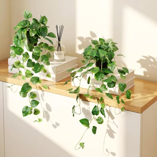 Fake Pothos Hanging Plant - Set of 2 Artificial Plants Indoor with Pots, Silk Faux Greenery Ivy for Outdoor, Fake Potted Plants for Wall Farmhouse Room Decor, Green 33In - color: Yellow Green