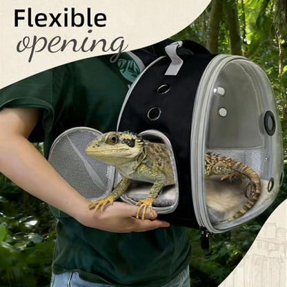 Bearded Dragon Travel Backpack Carrier with Reptile Thermometer and Humidity Gauge Lizard Travel Cage Space Capsule Clear Bubble Window Astronaut Reptile Bag for Ball Python (Black, Backpack) - color: Black, size: Backpack