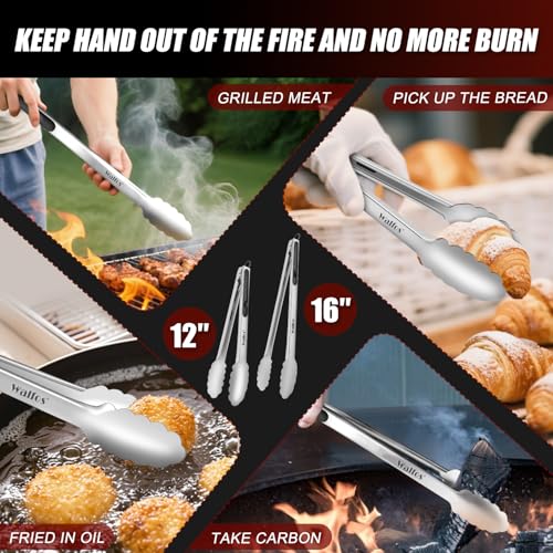 Walfos Extra Long Grill Tongs - Heavy Duty Metal Tongs - 16 & 12 inch Great for Grilling,BBQ/Barbecue,Cooking - Stainless Steel and Non-Slip Heat Resistant Silicone Handle (Set of 2) - color: 2pcs BBQ Tongs, size: 12+16 inch