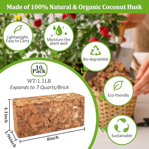 Riare 10 Pack Coco Chips Substrate for Plants- 11lb 100% Organic Coconut Husk Brick with Low EC and pH Balanced, High Expansion Coconut Substrate Coco Husk Mulch for Garden Flowers, Herbs, Planting - color: 10 Pack