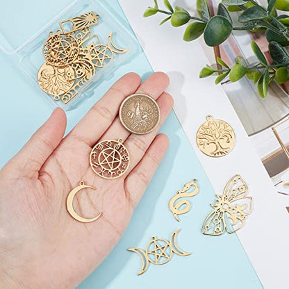 SUNNYCLUE 1 Box 16Pcs 18K Gold Plated Stainess Steel Tarot Style Tree of Life Charms Moon Phase Snake Charm Triple Goddess Moon Ouijas Crescent Hollow Butterfly Charms for Jewelry Making Charm Craft
