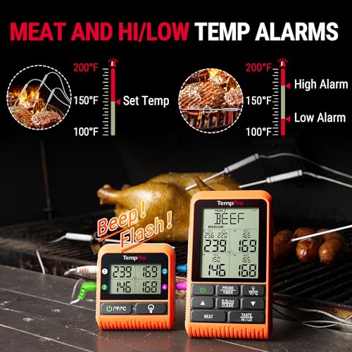 TempPro TP829 1000ft Wireless Meat Thermometer Digital for Grilling and Smoking, 4 Meat Probes Grill Thermometer for Outside Grill, Thermometer Cooking Gift for Dad Him Husband (Previously ThermoPro) - size: Four Probes