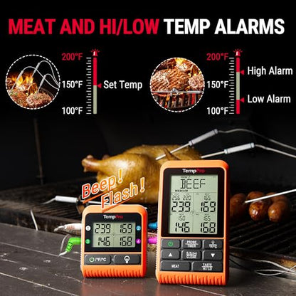 TempPro TP829 1000ft Wireless Meat Thermometer Digital for Grilling and Smoking, 4 Meat Probes Grill Thermometer for Outside Grill, Thermometer Cooking Gift for Dad Him Husband (Previously ThermoPro) - size: Four Probes