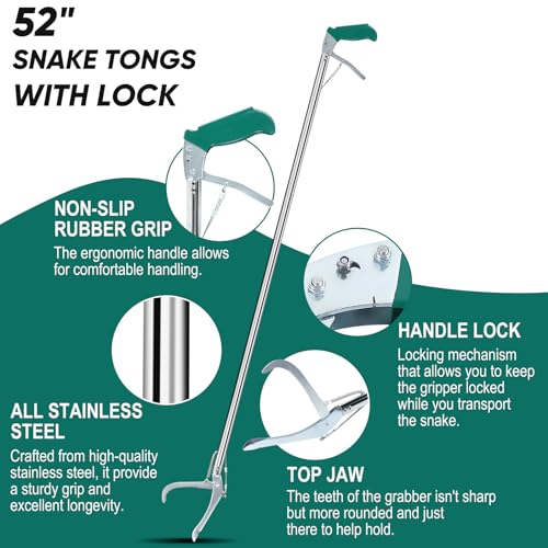 52" Snake Tongs Stick with Lock, Professional Snake Grabber Tool Heavy Duty Reptile Snake Catcher Grabber Stainless Steel Snake Pole Wide Jaw Handling Tool with a Protective Structures for Snakes