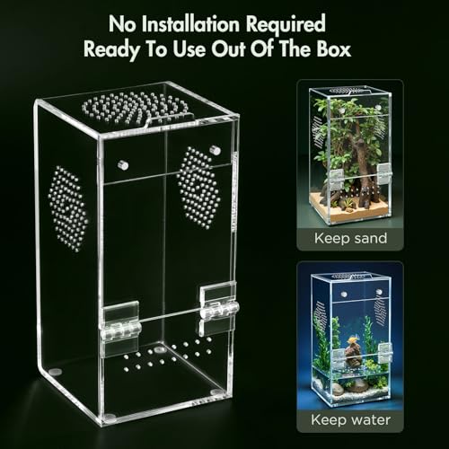 Pre-Assembled Jumping Spider Enclosure, Acrylic Terrarium with Magnetic Door & All-Side Ventilation, Habitat for Spiderling, Mantis, Tarantula, Snail, 3.5"×3.5"×7" (Tweezer & Temp Sticker Included) - size: Small Vertical (3"×3"×7")