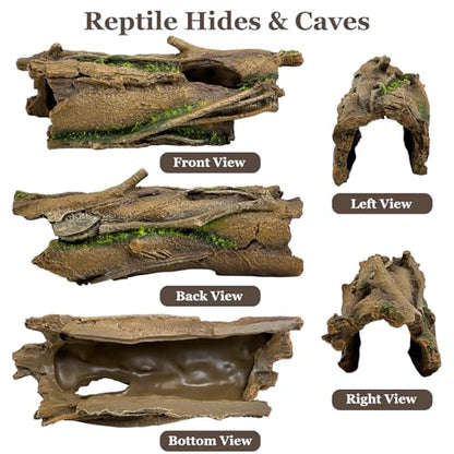 Fhiny Reptile Hides and Caves Resin Hollow Tree Trunk for Terrarium Lizard Hideout Aquarium Fish Hideaway Gecko Tank Accessories for Lizards Chameleons Bearded Dragons Hermit Crabs Frogs (Large)
