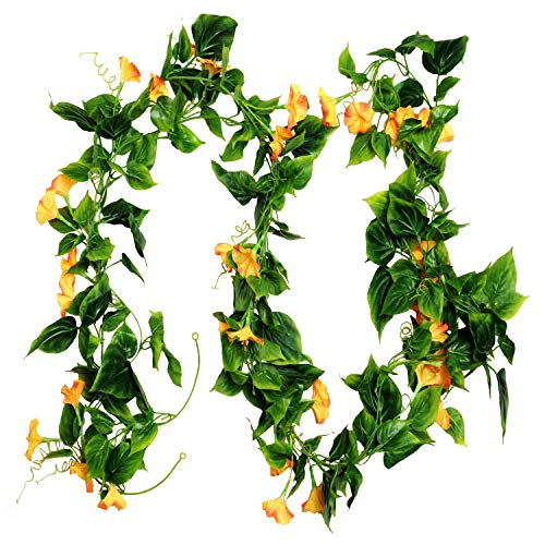 AirSun Artificial Morning Glory Flower Vines, 2pcs 15Feet Hanging Plants Silk Garland Fake Green Plant Home Garden Wall Fence Indoor Outdoor Wedding Birthday Decor - color: Yellow