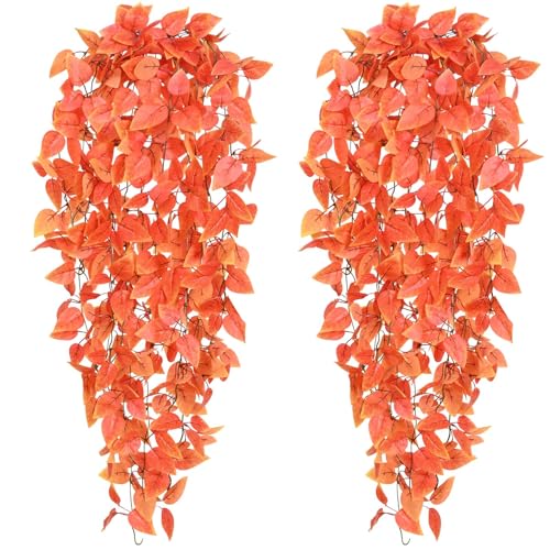 BLEUM CADE Fake Hanging Plants, 2pcs Artificial Hanging Plant, Faux Orange Vines Hanging Plant for Wall Home Living Room Indoor Outdoor Fall Decor (No Baskets) - color: Textured Leaves - Orange, size: 2pcs