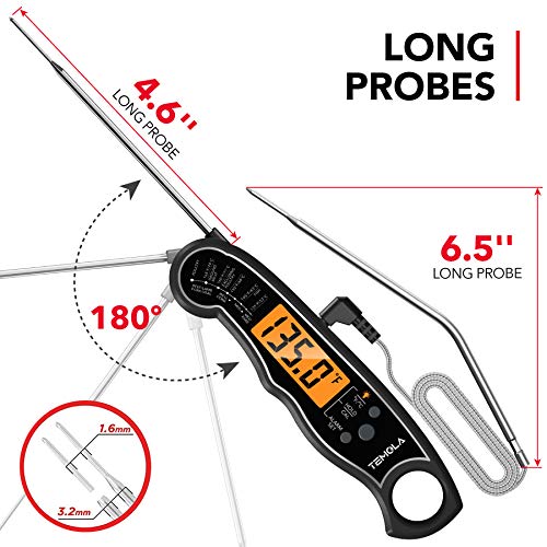 TEMOLA Meat Thermometer, Instant Read Food Thermometer for Cooking, Digital Food Thermometer with LCD Backlight for Candy Fry Grill BBQ Liquids, Kitchen Oven Safe Dual Probe 2 in 1 Thermometer - color: Black