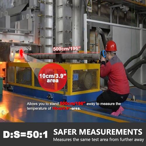 HOLDPEAK Pyrometer D:S=50:1, High Temp Infrared Thermometer -58℉~3272℉(-50℃~1800℃), Non-Contact Industrial Laser Thermometer Gun with Flashlight, Digital IR Temperature Gauge HP-1800 (NOT for Human) - color: 1PC-HP-1800-BLUE(-50~1800℃ Higher)