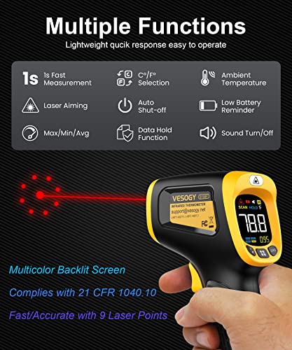 Infrared Thermometer Temperature Gun -58°F ~932°F, Digital Laser Thermometer Gun for Cooking, Pizza Oven, Grill & Engine, IR Thermometer Temp Gun with Adjustable Emissivity & Max-Min Measure