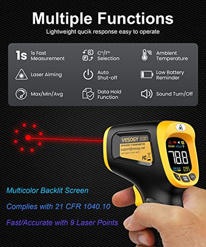 Infrared Thermometer Temperature Gun -58°F ~932°F, Digital Laser Thermometer Gun for Cooking, Pizza Oven, Grill & Engine, IR Thermometer Temp Gun with Adjustable Emissivity & Max-Min Measure