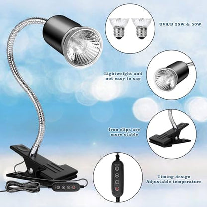 Hermit Crab Heat Lamp, Reptile Heat Lamp with Clamp, Reptile Light with Rotatable Hose and Timer, Suitable for Reptiles Lizard Turtle Tortoise Snake Bearded Dragon Hermit Crab, 2 Bulbs 25W+50W - size: Single-Head