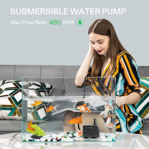 VIVOSUN 480GPH Submersible Pump(1800L/H, 25W), Ultra Quiet Water Pump with 7.2ft High Lift, Fountain Pump with 5ft Power Cord, 3 Nozzles for Fish Tank, Aquarium, Statuary, Hydroponics Black - size: 6"×4"-480