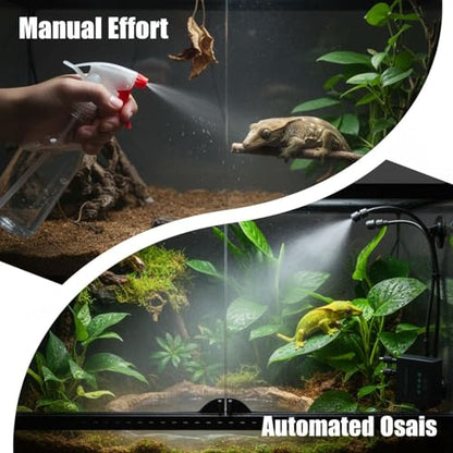 Us Plug Reptile Humidifier with Automatic Mister, Smart Timer, 360° Adjustable Dual Nozzles, Self-Priming Reptile Misting System, Rainforest Spray Kit for Plant Terrariums
