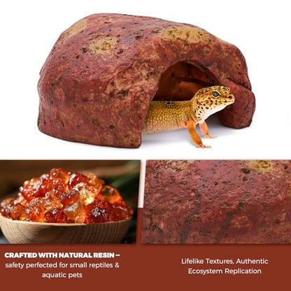 3-in-1 Desert Theme Reptile Rock Cave Hide for Leopard Gecko & Snake - Naturalistic Tank Habitat Decor Set with Cactus Model, Interactive Warning Sign & Moist Hideout (Small Size)