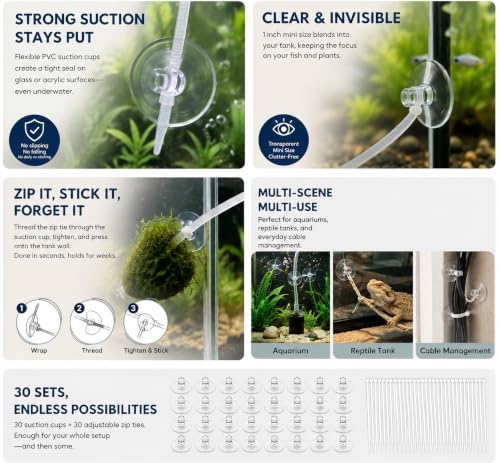 30 Pcs Aquarium Suction Cups with 30 Pcs Adjustable Zip Ties Set – Clear Small Suction Cups for Fish Tank Decor, Moss, Shrimp Nest, Reptile Hammock & Cable Management