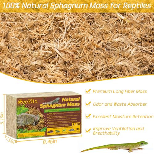 ZeeDix 1.1 LB Premium Sphagnum Moss for Reptiles, 25 QT Dried Long Fibered Leopard Gecko Moss for Terrarium, Natural Sphagnum Peat Moss Bedding for Frogs Anoles Snake Ball Python Turtle - size: 1.1 LB