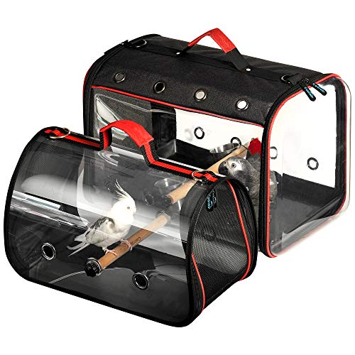 Colorday Lightweight Bird Carrier Travel Cage, Large 19x12x13 inch | For Travelers, Parrot Feeder Cups Included, Standing Perch Included, With Tray, Black