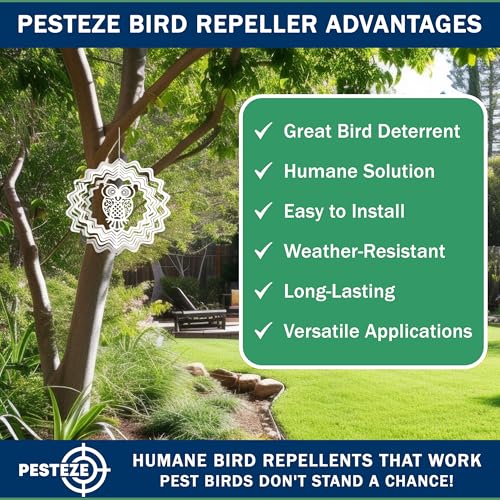PESTEZE USA Premium Hummingbird Wind Spinner – 6x9 Inch Stainless Steel 3D Reflective Outdoor Spinner for Bird Deterrent, Garden & Patio Decor, Hanging Kinetic Metal Ornament Scares Birds & Adds Shine