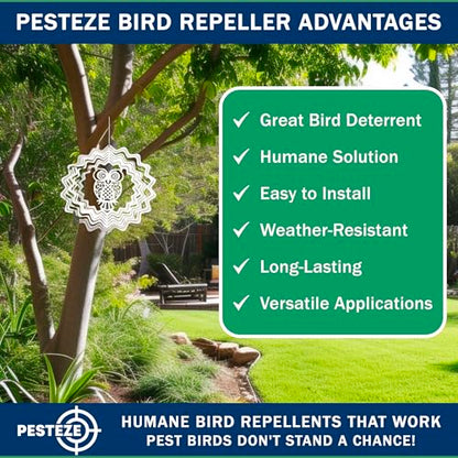 PESTEZE USA Premium Hummingbird Wind Spinner – 6x9 Inch Stainless Steel 3D Reflective Outdoor Spinner for Bird Deterrent, Garden & Patio Decor, Hanging Kinetic Metal Ornament Scares Birds & Adds Shine