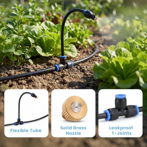 homenote Adjustable Misting System, 360° Flexible Brass Nozzles, 32FT Pre-Assembled Mister Hose for Patio Cooling, Garden Irrigation, Greenhouse Watering, Pet Chicken Coop Cooling - size: 32FT / 10M