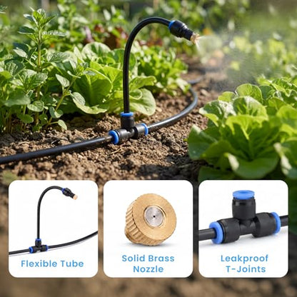 homenote Adjustable Misting System, 360° Flexible Brass Nozzles, 32FT Pre-Assembled Mister Hose for Patio Cooling, Garden Irrigation, Greenhouse Watering, Pet Chicken Coop Cooling - size: 32FT / 10M