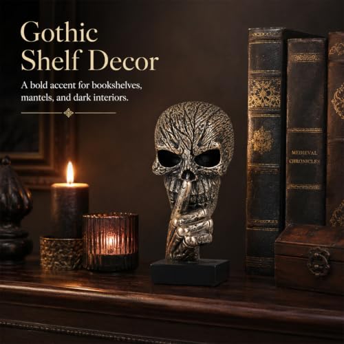 Black and Gold Speak No Evil Skull Sculpture – Gothic Halloween Figurine for Shelf or Desk, Resin Bronze Skeleton Statue for Goth Weird Home Decor, Dark Academia Office Spooky Accent