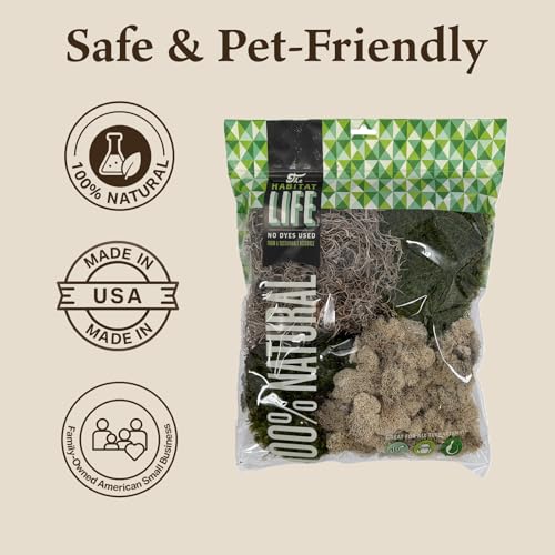 The Habitat Life - Natural Variety Pack - Mix of Reindeer, Mood, Sheet & Spanish Moss - for All Terrariums - Humidity Control - Breathable Bedding - Dye-Free & Safe - Medium - 1 Pack - size: Medium, style: Variety Pack
