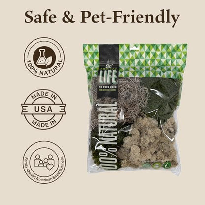 The Habitat Life - Natural Variety Pack - Mix of Reindeer, Mood, Sheet & Spanish Moss - for All Terrariums - Humidity Control - Breathable Bedding - Dye-Free & Safe - Medium - 1 Pack - size: Medium, style: Variety Pack
