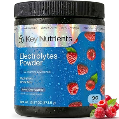 KEY NUTRIENTS Multivitamin Electrolytes Powder No Sugar - Sweet Blue Raspberry Electrolyte Powder - Endurance & Energy Supplement - Hydration Powder - No Calories - 90 Servings - Made in USA