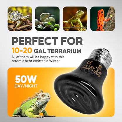 HealSmart 50W Mini Reptile Heat Lamp Ceramic Heat Emitter, No Light Emitting Heat Bulbs, Suitable for Snake/Lizard/Spider, Plant Growth and Incubating Chicken, 2-Pack - size: 50 Watts, style: D-60mm (2.36")