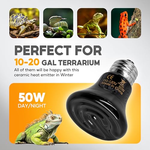 HealSmart 50W Mini Reptile Heat Lamp Ceramic Heat Emitter, No Light Emitting Heat Bulbs, Suitable for Snake/Lizard/Spider, Plant Growth and Incubating Chicken, 2-Pack - size: 50 Watts, style: D-60mm (2.36")