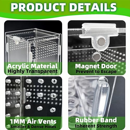 Acrylic Jumping Spider Enclosure with Magnetic Top & Escape-Proof Vents - Small Critter Keeper 4.5x3.3x3.3 Inch for Hermit Crab Frog Tarantula Mantis - Reptile Tank Habitat High Clarity Terrarium