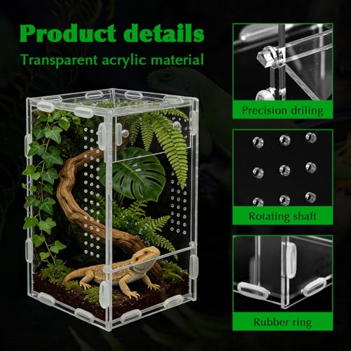 Acrylic Jumping Spider Habitat, Pre-Assembled Acrylic Terrarium, Bug Enclosure, Praying Mantis Habitat,with Magnetic Door & All-Side Ventilation 4"×4"×7" (Tweezer & Temp Sticker Included)