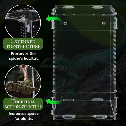 Acrylic Reptile Habitat – Escape-Proof Front Opening, 20x12cm Clean, Transparent View, Ventilated Design | Enclosure for Jumping Spiders, Observation, Home, Bedroom, Living Room, Office, Pet Store