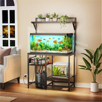 40 Gallon Fish Tank Stand, Aquarium Stand with Power Outlet, Heavy-Duty Reptile Terrarium Stand Table with Top Shelf for 40 Gal Standard/Long/High, 37.4" L x 19.7" W x 30" H(Black) - size: 40 Gallon