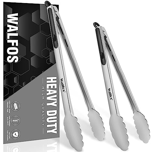 Walfos Extra Long Grill Tongs - Heavy Duty Metal Tongs - 16 & 12 inch Great for Grilling,BBQ/Barbecue,Cooking - Stainless Steel and Non-Slip Heat Resistant Silicone Handle (Set of 2) - color: 2pcs BBQ Tongs, size: 12+16 inch