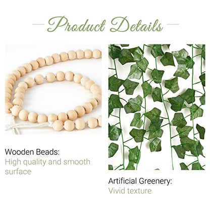 Mkono Hanging Fake Vines for Bedroom Wall Decor Artificial Plant Leaves with Wood Beads Set Indoor Greenery Ivy Garland for Living Room Apartment Christmas Wedding Party Teen Girl Room - size: Medium