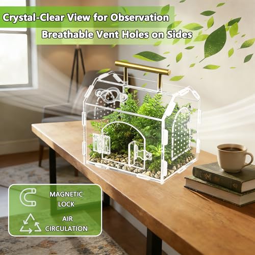 5.9" × 4.7" × 5.5" Acrylic Enclosure for Jumping Spiders & Tarantulas – Transparent Terrarium with Handle & Magnetic Door, Easy to Assemble and Feed - size: Handle House Acrylic Terrarium