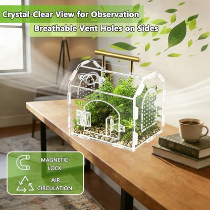 5.9" × 4.7" × 5.5" Acrylic Enclosure for Jumping Spiders & Tarantulas – Transparent Terrarium with Handle & Magnetic Door, Easy to Assemble and Feed - size: Handle House Acrylic Terrarium