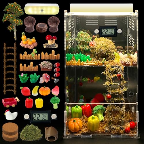 Jumping Spider Enclosure,DIY Insects Habitat,Small Reptile Terrarium Glass House Accessories Set,with Temperature and Humidity Detector Water Feeder Platform Hide,5.5“x5.5”x9.5“ (Farm) - color: Farm