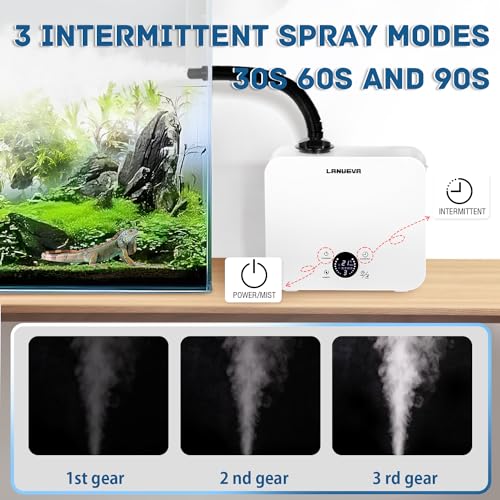 LANUEVA Reptile Humidifier, Quiet Reptile Fogger for Terrariums with Telescopic Hose & 2.5L Tank, Remote Control & Touch Screen, Timing Function, for Reptiles, Green Plants, Home Use