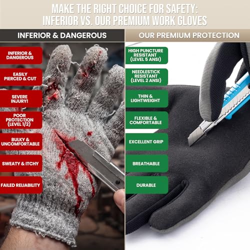 TAILI Level 2 Needlestick, Level 5 Puncture Resistant Work Gloves, Grip Enhanced Cut Resistant Gloves for Gardening, Carving, Fishing, Feather-Light Comfort, Breathable and Touchscreen Compatible, L - size: Large